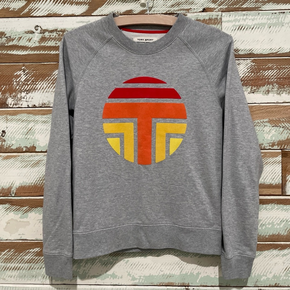 TORY BURCH Sport Gray Long Sleeve Logo Crewneck Sweatshirt Womens Size S